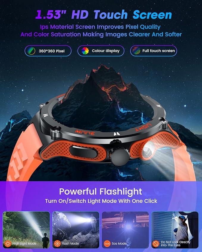 Smartwatch for Men Android Fitness Tracker: 1.53" Military Smart Watch with Flashlight Compass Make Answer Bluetooth Call Android iPhone Compatible 3ATM Waterproof Sport Watch Sleep Heart Rate Monitor