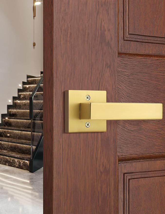 1 Pack Gold Dummy Lever Door Handle for Closet French Doors, Satin Brass Finish, Interior Dummy Door Lockset for Hall Closet Door Knob Lock Reversible Right & Left Handed