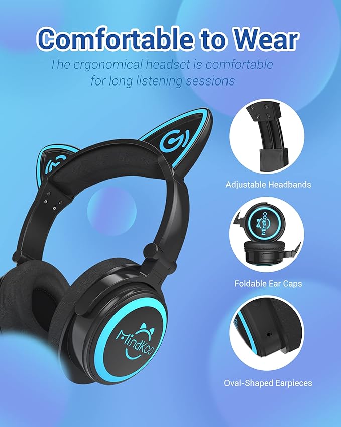 Cat Ear Bluetooth Headphones with Microphone, LED Light Up Over Ear Headphones, Volume Control and Foldable Headset for Tablet/PC/iPad/Cell Phones, Gift for Kids Boys & Girls