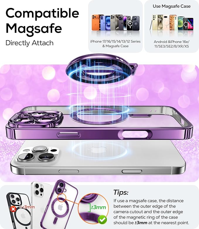 Upgraded Magnetic Phone Ring Stand Built in Mirror for Magsafe, [Electroplated & Glitter], Phone Ring Holder Grip Kickstand for iPhone 17 Pro Max 16 15 14 13 12 Series for Girl Women, Purple