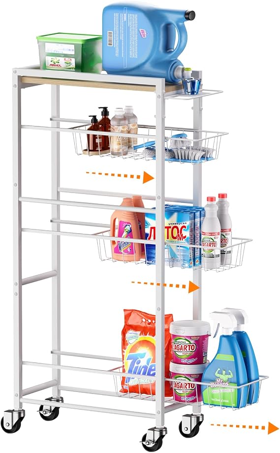 4 Tier Slim Rolling Storage Cart with Pull-Out Baskets, Narrow Sliding Storage Slim Laundry Cart Slim Rolling Kitchen Cart