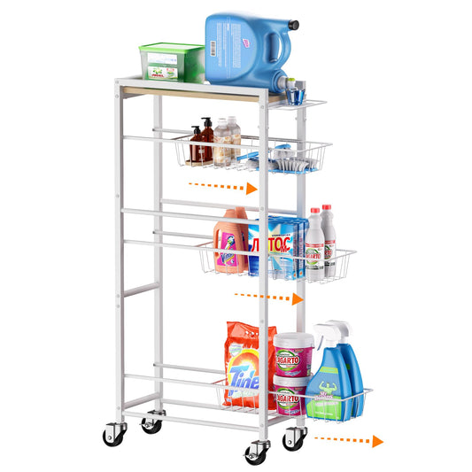 4 Tier Slim Rolling Storage Cart with Pull-Out Baskets, Narrow Sliding Storage Slim Laundry Cart Slim Rolling Kitchen Cart