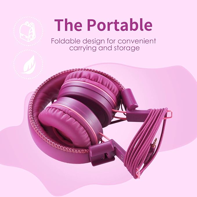 M1 Kids Headphones Wired Headphone for Kids,Foldable Adjustable Stereo Tangle-Free,3.5MM Jack Wire Cord On-Ear Headphone for Children (Purple)