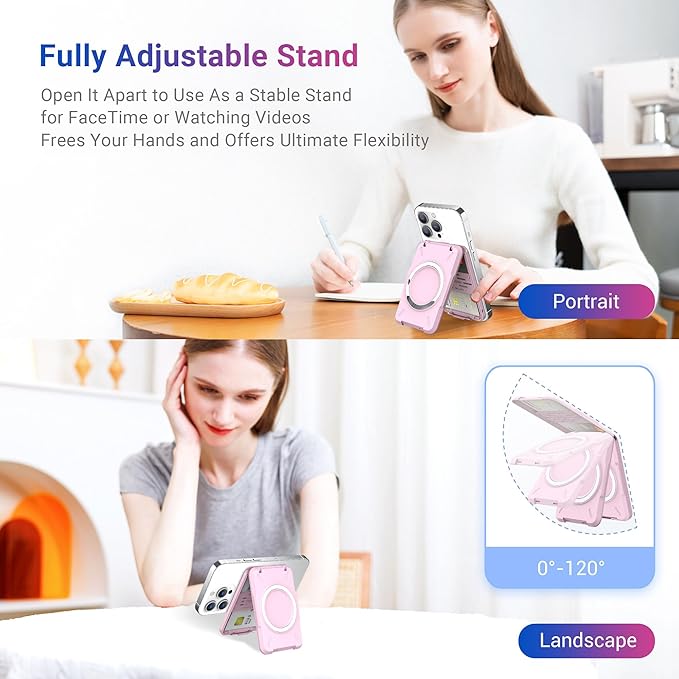 PROfezzion Magnetic Wallet Card Holder for MagSafe, RFID Blocking Hard Shell 4 Credit Card & Money Pocket Magnetic Wallet Stand for iPhone 16 15 14 13 12 Plus Max - Pink