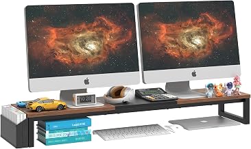 LAND·VOI Dual Monitor Stand Riser,41.5'' Long Monitor Stand for 2 Monitors, Wood Computer Riser with Pocket, Desktop Oraganizer with Pen Holder, Monitor Riser for Desk Computer,Laptop,TV, Rustic Brown - Image 1
