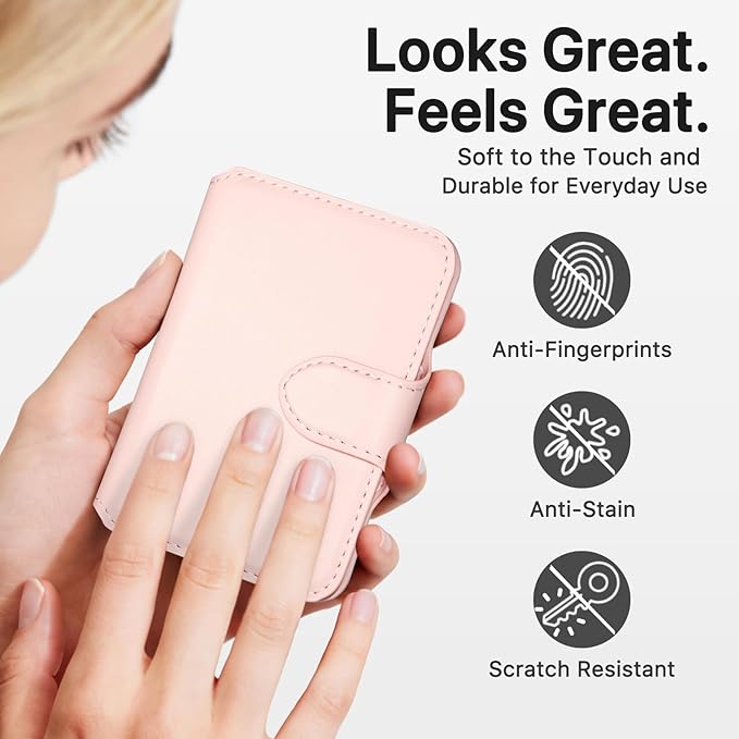 for MagSafe Wallet, Magnetic Phone Wallet RFID Blocking, Slim 5-8 Card Holder with Cash Slot & Clear ID Window, Minimalist Mag Safe Wallets for iPhone 17/16/15/14/13/12 Series, Blush Pink