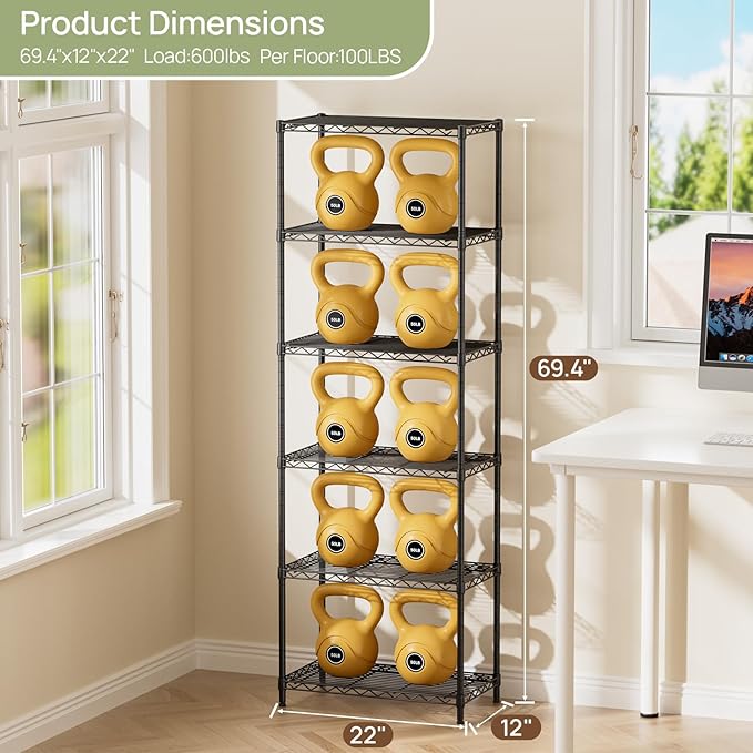 6 Tier Adjustable Storage Shelves,Heavy Duty Metal Utility Shelf 900LBS Capacity,Wire Shelving Unit Organizer Rack for Home,Kitchen,Office,Bathroom,Pantry Room,12" D x 22" W x 69" H,Black