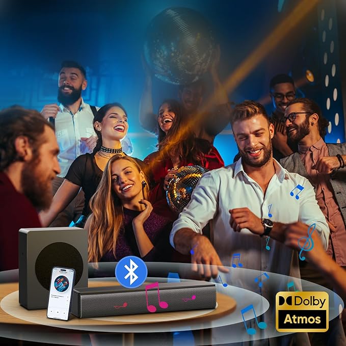Sound bar with subwoofer, 200W 2.1 ch soundbar w/Dolby Atmos Surround Sound System, 3D Bass Adjustable Home Theater Bluetooth TV Speaker for Smart TV/Projector/PC
