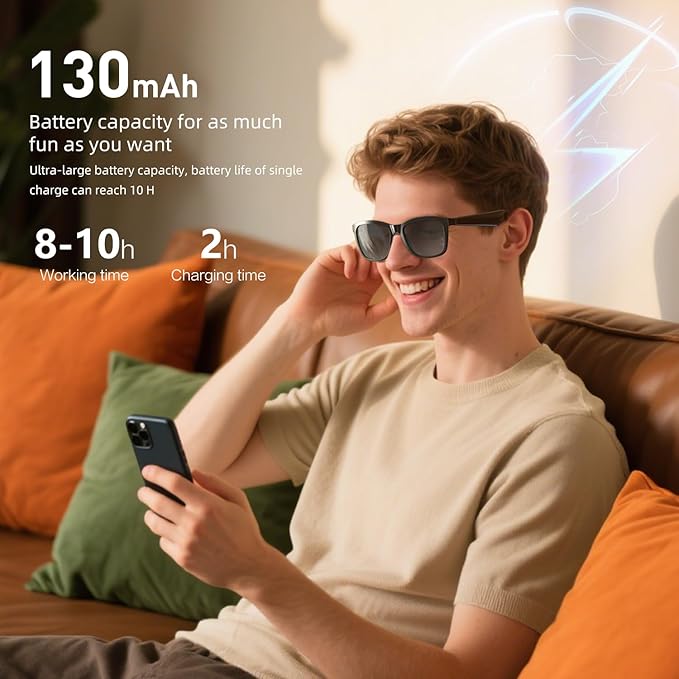 Smart Glasses | Bluetooth Glasses | 34g Ultra-Light Frame for Outdoor | Hands-Free Calls, Music & Voice Control | 8-10H Battery USB-C Charging(Black Polarized UV400 Lenses)