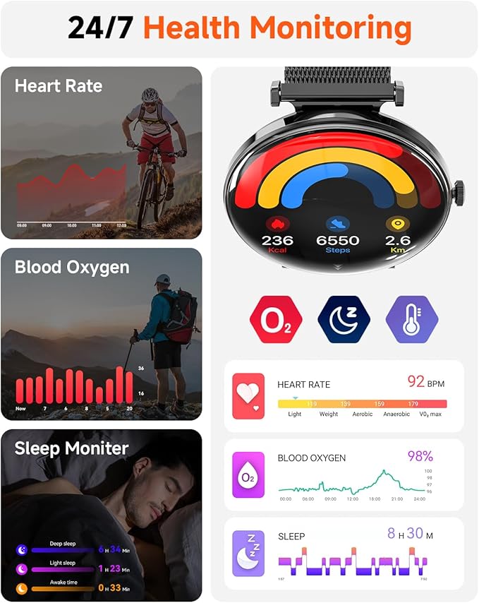 Smart Watches for Women Men[Calls/2 Bands/Metal Thin Body] for Android iPhone Samsung Compatible,1.43" Micro-Spherical AMOLED Screen,IP68 Waterproof Sports Watch (Black Steel)