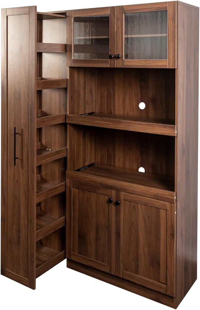KEIKI 70.87" Tall Kitchen Pantry Storage Cabinet with Pull-Out Multi-Tier Shelf, Countertop, Glass Doors, Microwave Stand, Freestanding Wood Hutch Food Pantries Cupboard for Coffee Bar, Dining Room