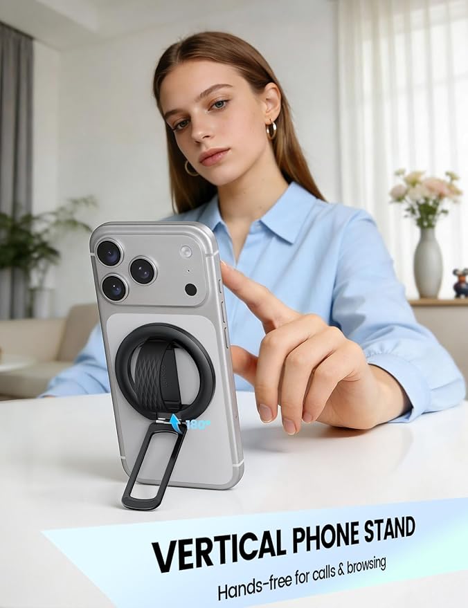 Lamicall Magnetic Phone Grip Holder for MagSafe - [Soft Silicone Loop] Vertical Cell Phone Zinc Alloy Ring Stand Kickstand, Magnet Finger Grip for iPhone 17/16/15/14/13/12 Series, Other Use Metal Ring