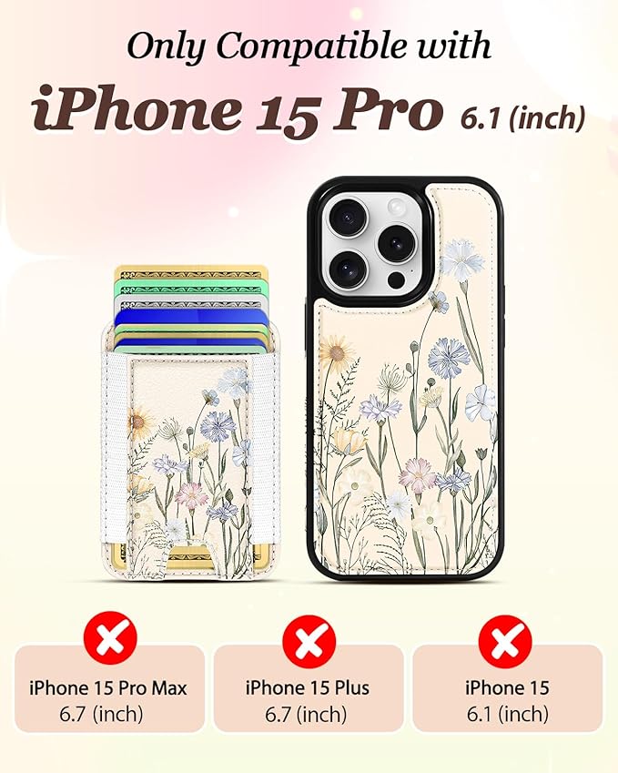 Shorogyt for iPhone 15 Pro Wallet Case - Fits 5 Cards, Compatible with Magsafe Detachable Magnetic Credit Card Holder Leather Cardholder Cute Phone Cover Women Girls for Apple 15Pro, Color Flower