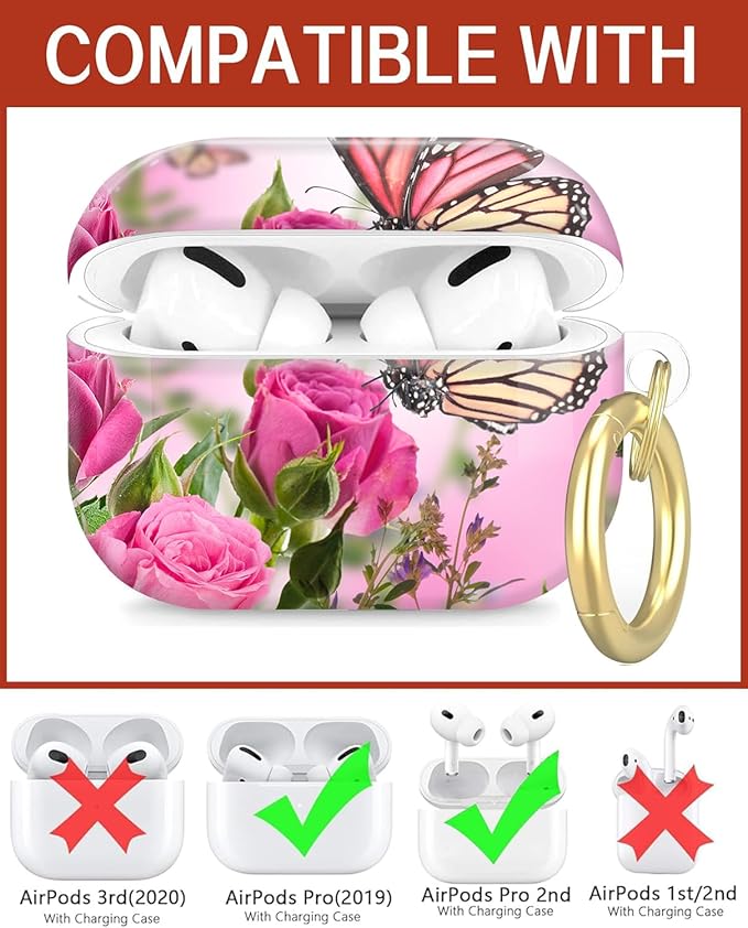 Compatible with Airpod Pro 2nd/1st Generation,Full Protection Cover for Women,Accessories Hard Case Portable & Shockproof for Airpod Pro 2nd Charging Case 2023/2022/2019(Butterfly Rose Floral)