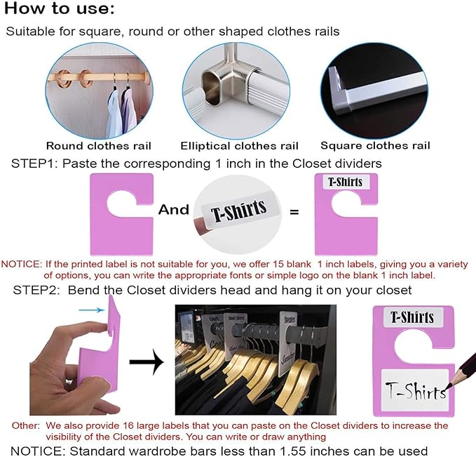 16 Pack White Clothing Rack Size Dividers Plus 45 Labels (1 Inch) and 18 Large Blank Labels, Large Rectangular Clothing Closet Dividers (Purple)