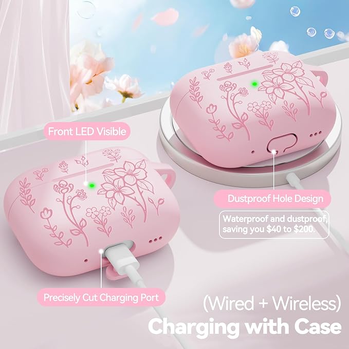 for AirPods Pro 3 Case Pink, Flower Engraved Case Cover Compatible with AirPods Pro 3rd Generation 2025, Soft Silicone Cases with Keychain & Cleaner for Women Girly, Shockproof, Anti-Scratch