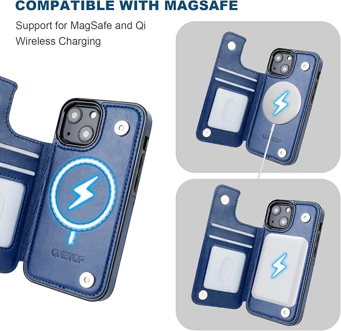 ONETOP Compatible with Magsafe for iPhone 13 Mini Wallet Case with Card Holder, PU Leather Kickstand RFID Blocking Case, Double Magnetic Clasp and Durable Shockproof Cover 5.4 Inch (Blue)
