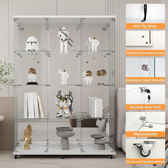 LFT HUIMEI2Y Glass Display Cabinet 12 Shelves with 3 Columns 2 Doors, Mirror Back Panel and Lock, Curio Cabinets Quick-Install Style Tempered Glass Bookshelf for Living Room, Kitchen White