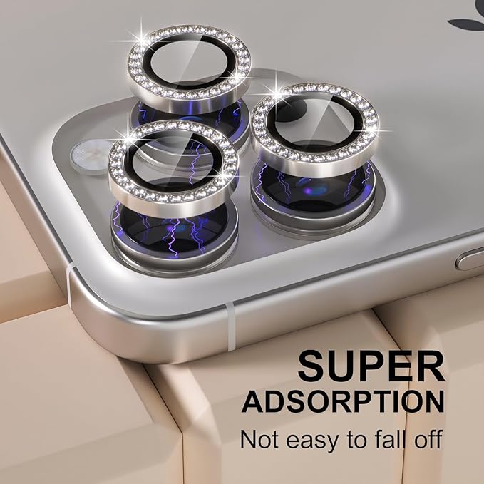 Misea Compatible for iPhone 16 Pro/iPhone 16 Pro Max Camera Lens Protector Bling, 9H Tempered Glass Camera Cover Screen Protector Metal Individual Ring Protector Accessories, Natural Titanium Diamond