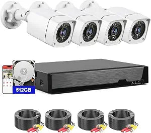 4CH Wired Security Camera System, AIWIXEN 4X 1080P Cam, DVR with 512GB HDD