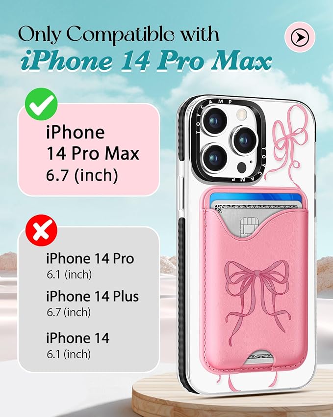 Toycamp for iPhone 14 Pro Max Case - Compatible with Magsafe Credit Card Holder Wallet Magnetic Cute Women Teen Girls Kawaii Girly Unique Bow Design Phone Cover for iPhone 14 Promax