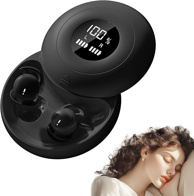 sunvito Sleep Earbuds Bluetooth 6.0, Mini Invisible Silicone Sleep Earbuds for Side Sleepers, Noise Blocking Sleeping Headphones, Hidden Earbuds with LED Display for Small Ears, Sleep & Relax (Black)
