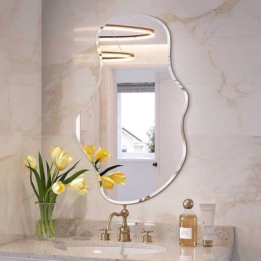 Irregular Wall Mirror, 20”x36” Frameless Asymmetrical Mirror, Beveled Frameless Funky Wavy Wall Mirrors for Entry Way Modern Bathroom Bedroom Living Room