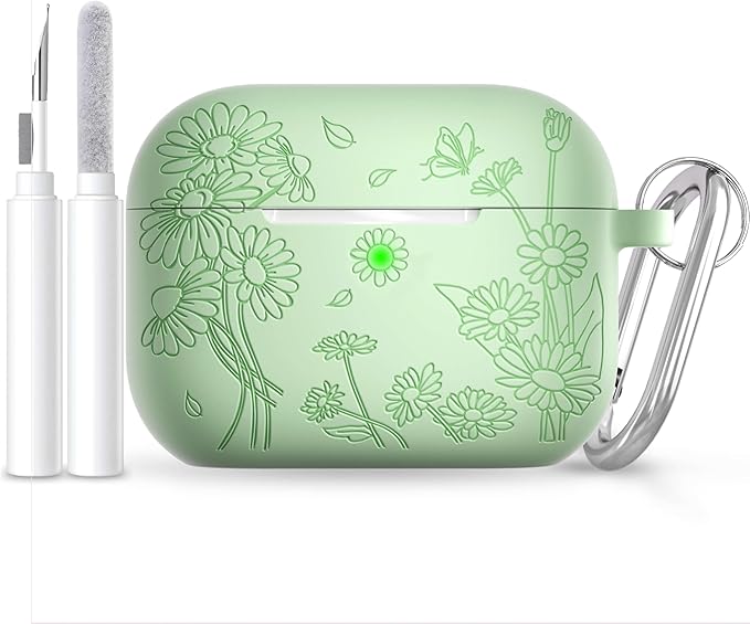 for AirPods Pro 3 Case (2025) DamonLight Daisy Floral Engraved Shockproof Protective Soft Silicone Case Cover with Cleaning Pen and Keychain for Apple Airpods Pro 3rd Generation(Avocado Green)