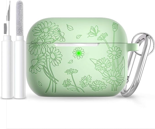 for AirPods Pro 3 Case (2025) DamonLight Daisy Floral Engraved Shockproof Protective Soft Silicone Case Cover with Cleaning Pen and Keychain for Apple Airpods Pro 3rd Generation(Avocado Green)
