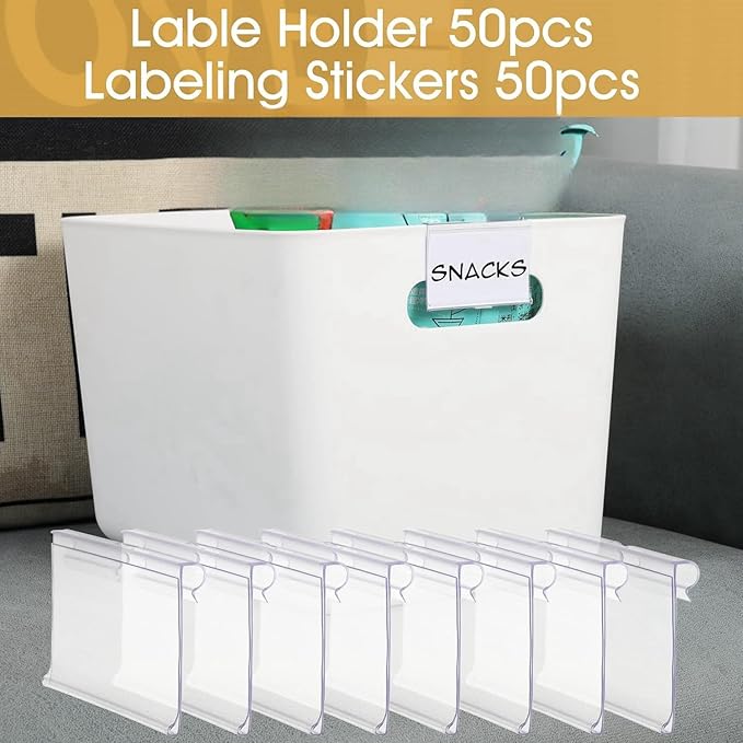 50pcs Labels for Storage Bins Plastic Label Clip, Basket Labels Clip On Wire Shelf Price Label Holder Merchandise Sign Display Holder, 50pcs Label Insert Included (3.15IN*1.57IN)