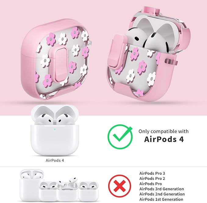 for AirPods 4 Case with Secure Lock Clip in Phone Stand,Floral Girly Style Protective Cover with Cleaning Kit and Hand Strap for Apple AirPod 4 Generation (Pink Petals)