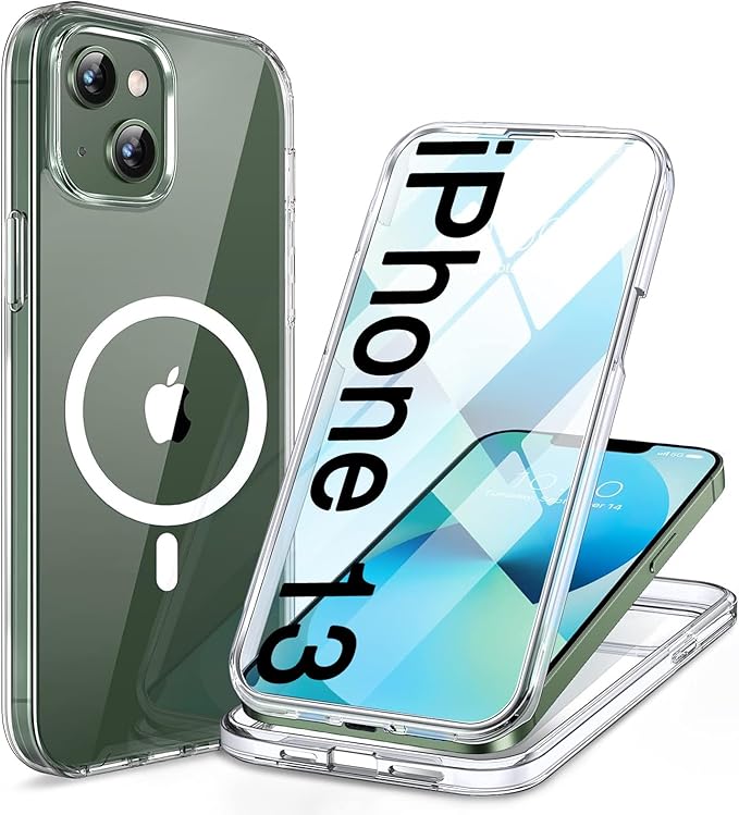 Miracase Glass Series Designed for iPhone 13 Case 6.1 inch, 2023 Upgrade Full-Body Magnetic Clear Case with Built-in 9H Tempered Glass Screen Protector,Compatible with MagSafe,Clear