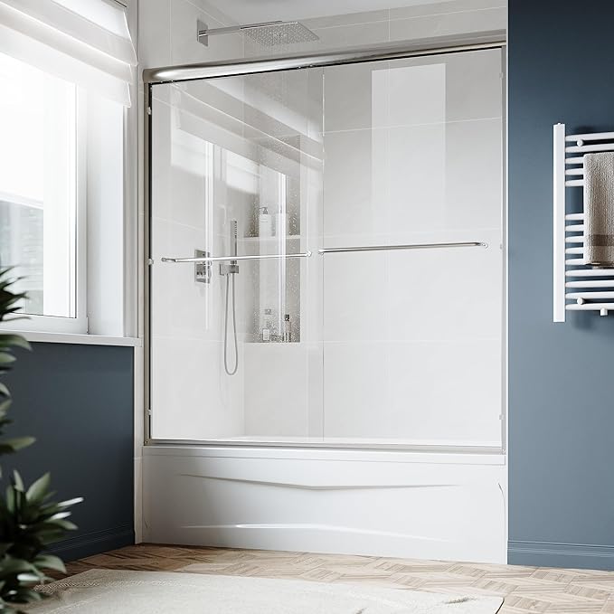 SUNNY SHOWER Double Sliding Glass Door 60" W x 62" H Shower Door 1/4" Tempered Glass Sliding Door Semi-Frameless Shower Glass Enclosure Bypass Walk in Shower Cabin, Brushed Nickel