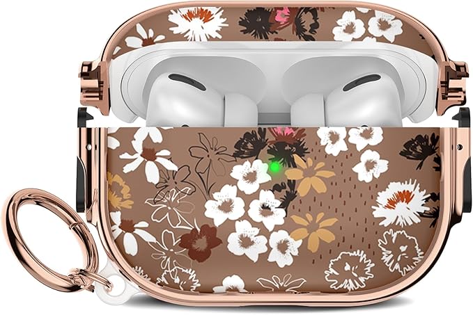 Maxjoy for Cute Airpods Pro 2 case with Safety Lock,Compatible Airpods Pro Case 2nd/1st Gen,Compatible White Flowers AirPods Case Cover for Women Girly with Keychain-Brown