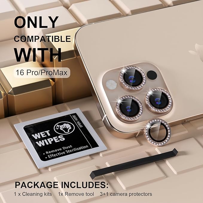 Misea Compatible for iPhone 16 Pro/iPhone 16 Pro Max Camera Lens Protector Bling, 9H Tempered Glass Camera Cover Screen Protector Metal Individual Ring Protector Accessories, Desert Titanium Diamond