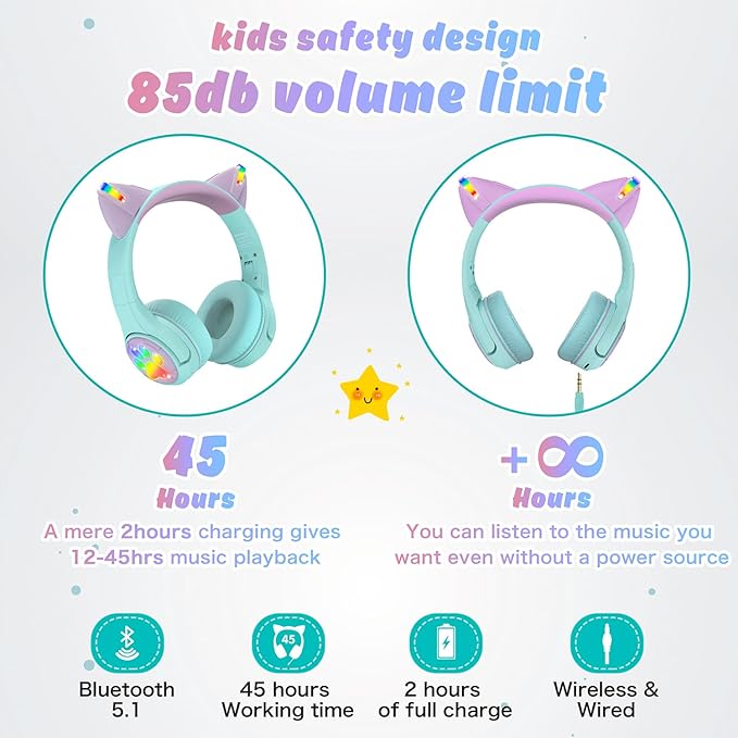 Riwbox CF9 Cat Ear Kids Bluetooth Headphones with LED Light Up,Safe 85dB Volume Limit,Built-in Mic&Boom Mic for Calls,Kids Wireless&Wired Headphones for Tablet/Airplane/School/Online Learning (Green)