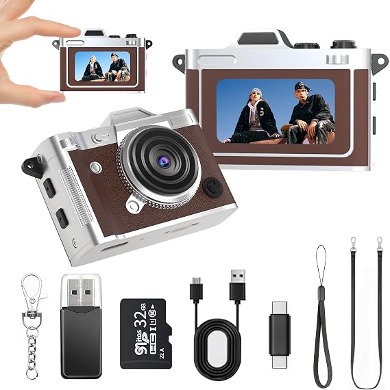 Mini Keychain Camera - 2K FHD Tiny Retro Digital Camera with 32GB Card, 1.47" Screen & OTG Adapter, Vintage Compact Micro Pocket Birthday Gift for Kids,Travel,Beginners,Party (Brown)