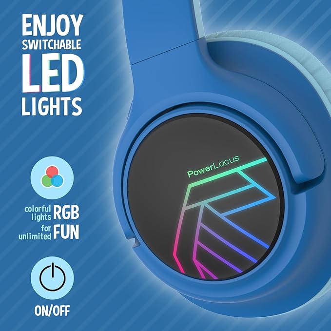 PowerLocus Kids Wireless Headphones, Bluetooth Kids Headphones LED Lights Over Ear with 74/85/94dB Volume Limited, 45H Playtime,Built-in Mic, Two Device Share Mode, HD Stereo for Travel/PC/Tablet