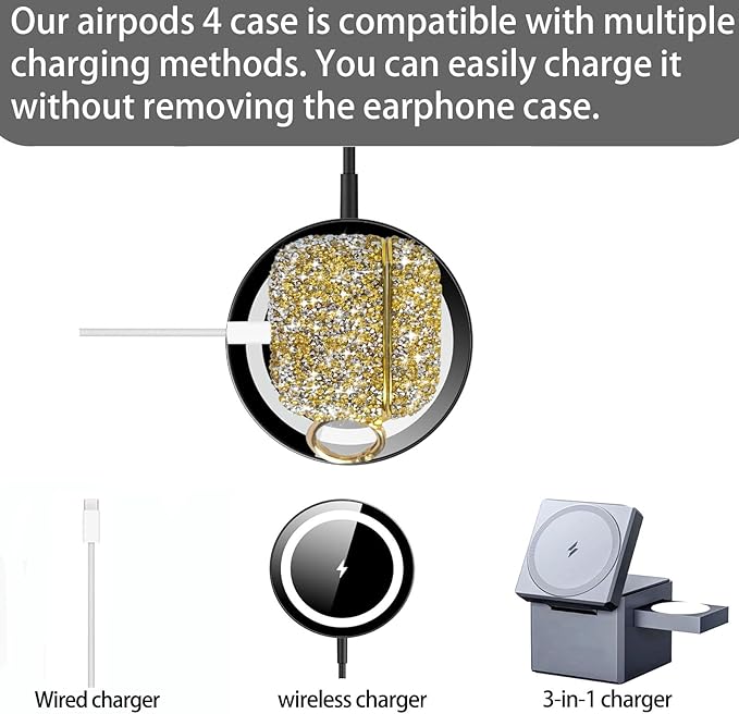 for Cute Glitter AirPods 4 Case for Women| Bling Hard Airpod iPods 4 Cases | with Keychain | Sparkly Rhinestone Air Pods 4 Generation Case for Women Girl- Model A3058/A3059(Gold)