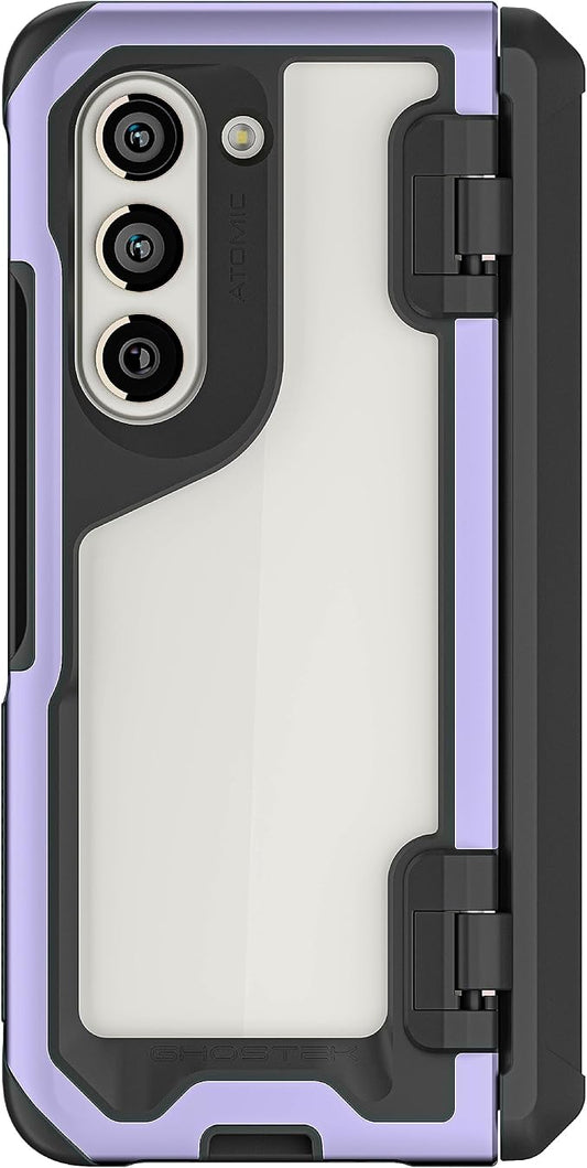 Ghostek ATOMIC slim Samsung Galaxy Fold 5 Case Crystal Clear Back with Aluminum Metal Bumper Premium Rugged Tough Heavy Duty Shockproof Protection Phone Cover Designed for 2023 Z Fold5 (7.6") (Purple)
