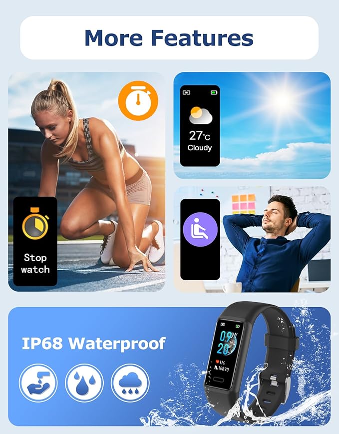 Fitness Tracker, Fitness Watches for Men Women with 24/7 Heart Rate Monitor Sleep Tracker Step/Calorie Counter Stopwatch Pedometer IP68 Waterproof (Black)