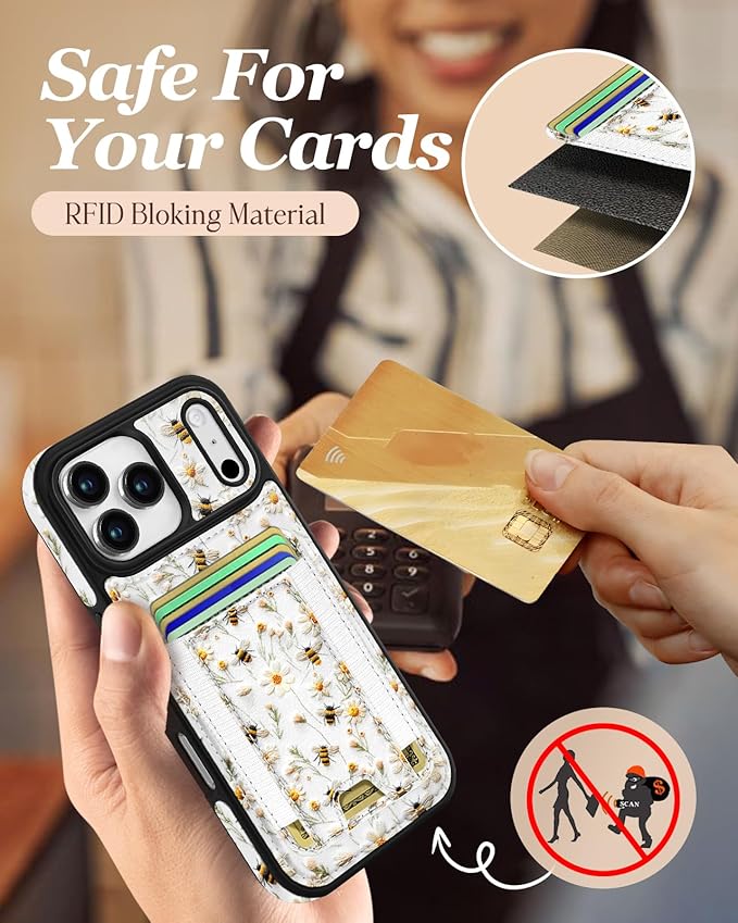 Shorogyt for iPhone 17 Pro Case Wallet - Fits 5 Cards, Compatible with Magsafe Detachable Magnetic Credit Card Holder Leather Cardholder Cute Phone Cover Women Girls for Apple 17Pro, Bee Flower