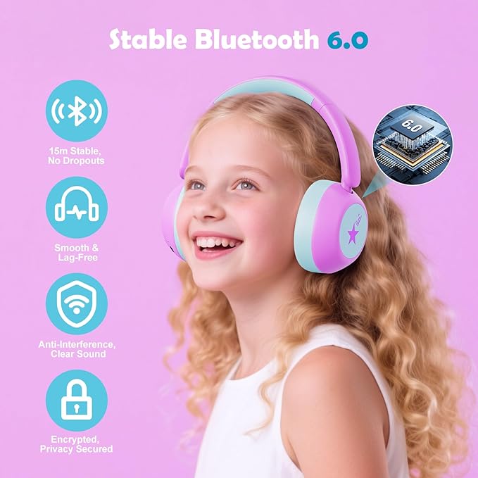 Steellumen Nova1Star Active Noise Cancelling Headphones for Kids, 70H Play Time,Bluetooth6.0,3-Level Volume 75/85/94dB,ANC Safe Wireless Listen, Fast Charging,with Mic,for School,Travel & Airplane