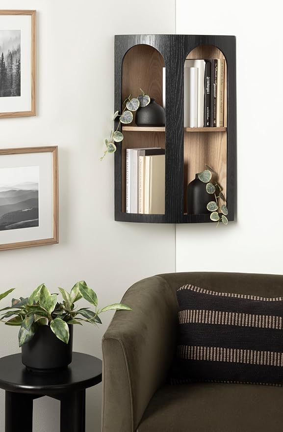 Kate and Laurel Elloree Modern Corner Shelf Cabinet for Storage and Display, 16 x 11 x 24, Black and Natural, Transitional Corner Storage for Use as Living Room Shelving or Bedroom Storage Design