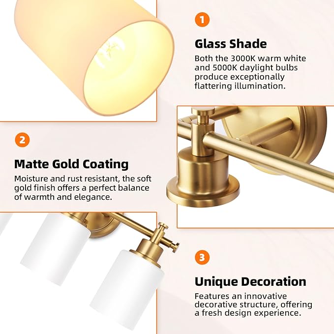 3-Light Gold Bathroom Vanity Light Fixtures, Brushed Gold Wall Sconce, Champagne Gold Vanity Light with Milky White Glass Shade Over Mirror, Bathroom, Bedroom, Modern Style, E26 Base