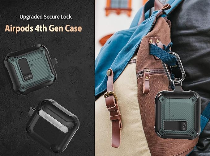 for Airpods 4 Case with Lock Clip, Rugged Apple Airpods 4th Generation Cover 2024 Men Women, Armor Shockproof iPod 4 Gen Protective Hard Shell with Carabiner&Cleaner kit,CF Black/Green