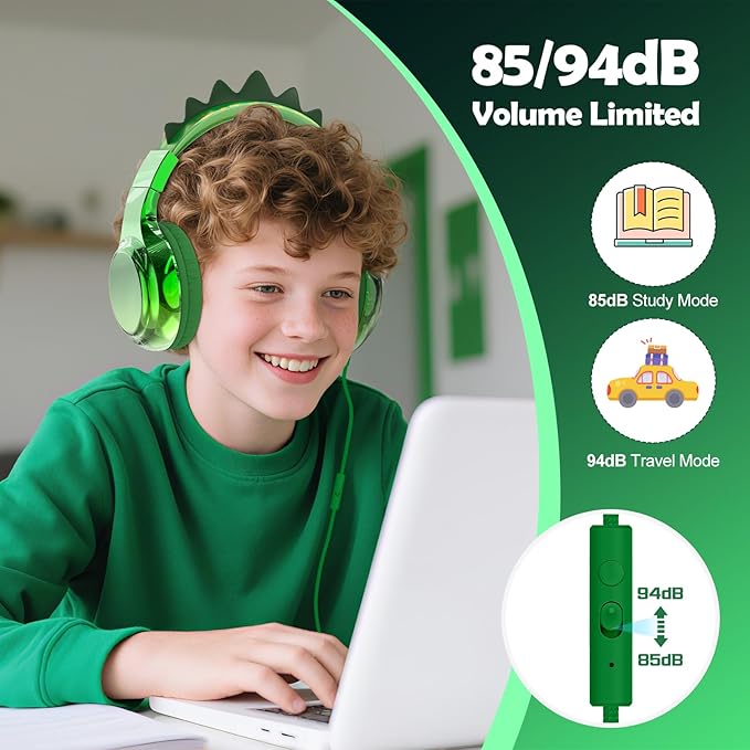 QearFun Kids Dinosaur Headphones Wired with Mic, 85/94dB Safe Volume Limit, Sparkly Wired Headset, Foldable, Sharing Port & Tangle-Free Cord for School, Chromebook, Tablet, Travel, Boys & Girls