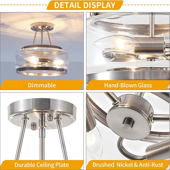 Brushed Nickel Modern Glass Ceiling Light, 3-Light Drum Semi Flush Mount Ceiling Light Fixture, Entryway Light Fixture, Ceiling Lamp for Hallway Bedroom Laundry Kitchen Dining Room Lighting, UL-Listed