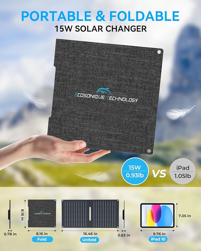 Ecosonique 15W and 100W Portable Solar Panel Foldable Solar Charger with USB-A USB-C Port DC for Camping, Backpacking, and Emergency Power