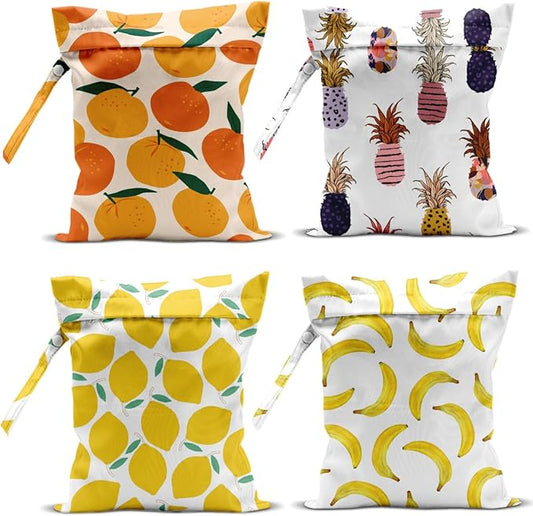 4Pcs Waterproof Wet Bag for Swimsuit, Travel Beach Wet Dry Bag, Hidden Zipper Reusable Lemon Pineapple Banana Orange Decor, for Travel Beach Wet Swimsuits Toiletries Diapers Laundry Bag